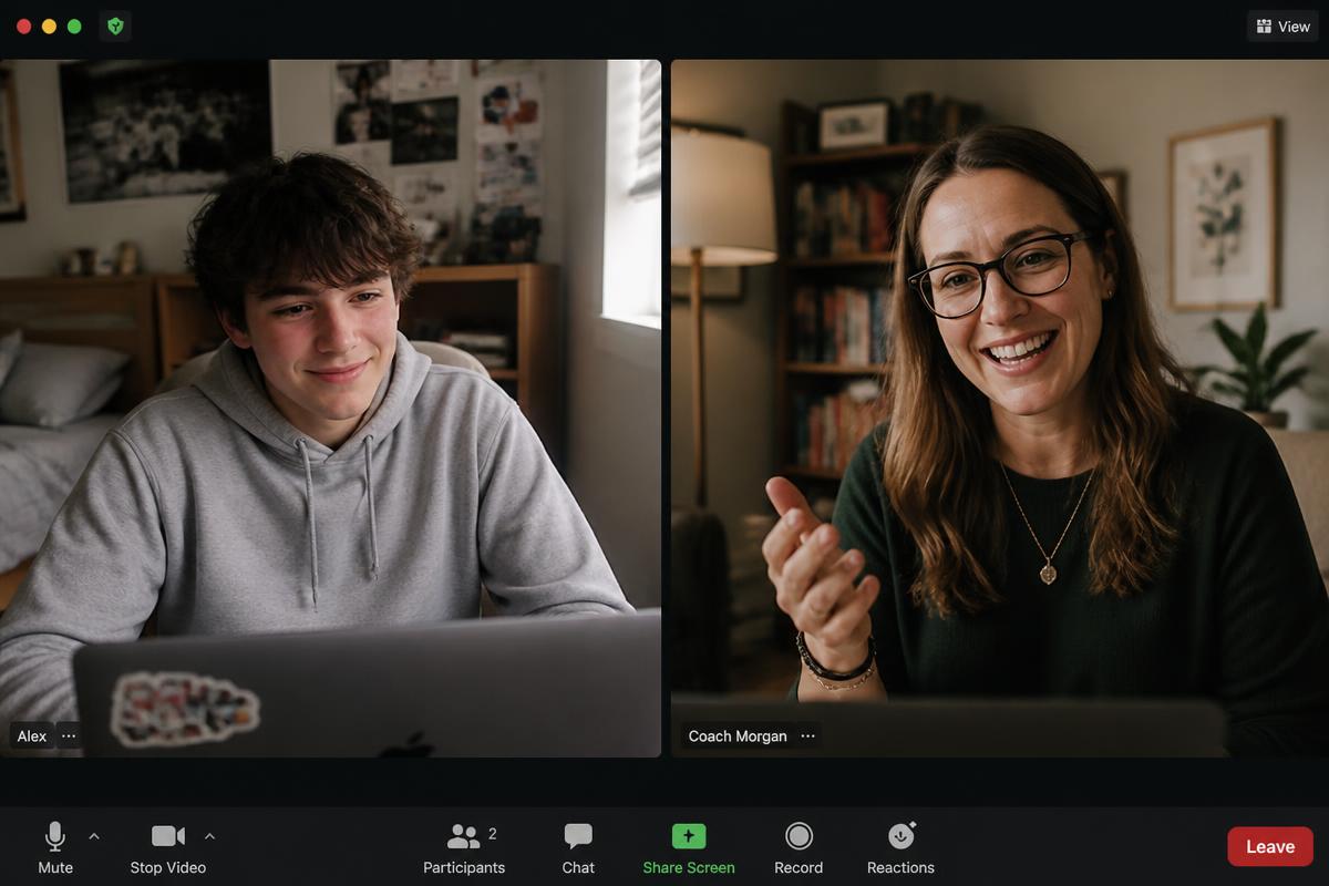 A teen meeting with a coach over a video call from their room