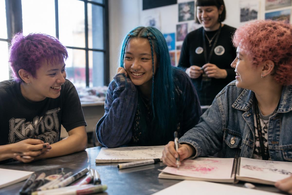 Three teens with colorful hair and piercings laughing together during a creative workshop